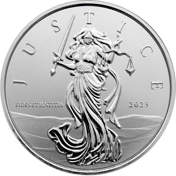 Přední strana Stříbrná investiční mince Gibraltar Lady Justice 1 Oz 2023
