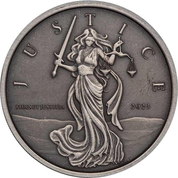Stříbrná investiční mince Gibraltar Lady Justice Antique 1 Oz 2023