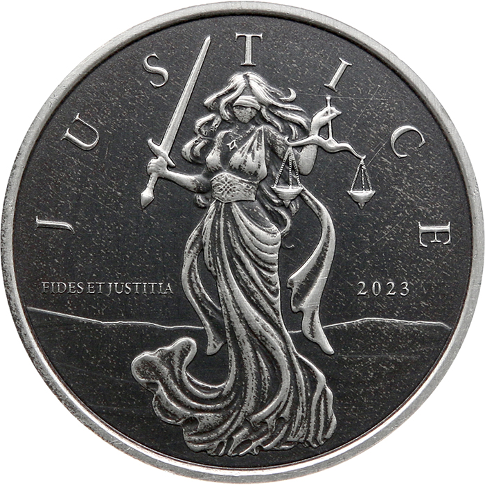 Přední strana Strieborná investičná minca Gibraltár Lady Justice Antique 1 Oz 2023