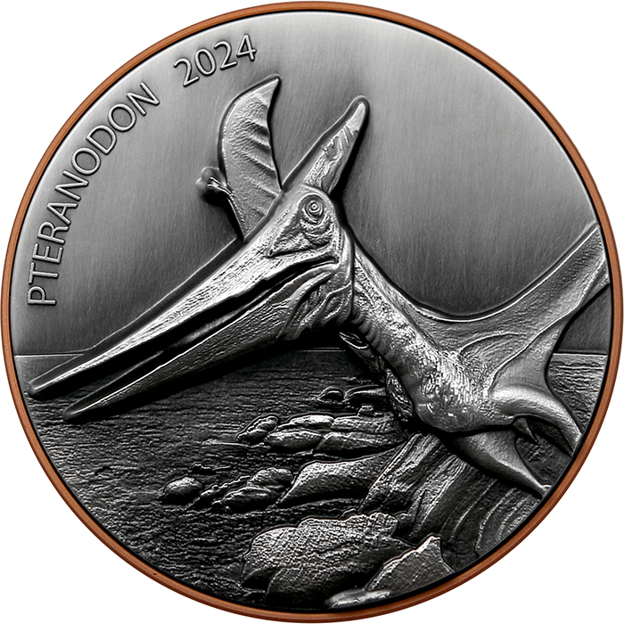 Přední strana Bimetalová mince Obři světa Dinosaurů - Pteranodon 2024 Antique Standard