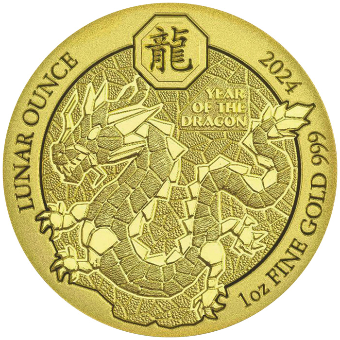 Přední strana Zlatá mince Rok Draka Rwanda 1 Oz 2024