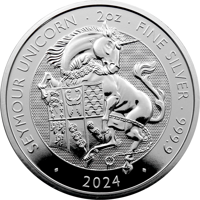 Přední strana Stříbrná investiční mince The Royal Tudor Beasts - The Seymour Unicorn 2 Oz 2024