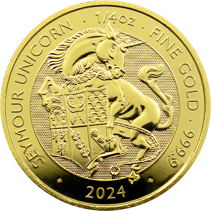 Přední strana Zlatá investiční mince The Royal Tudor Beasts - The Seymour Unicorn 1/4 Oz 2024