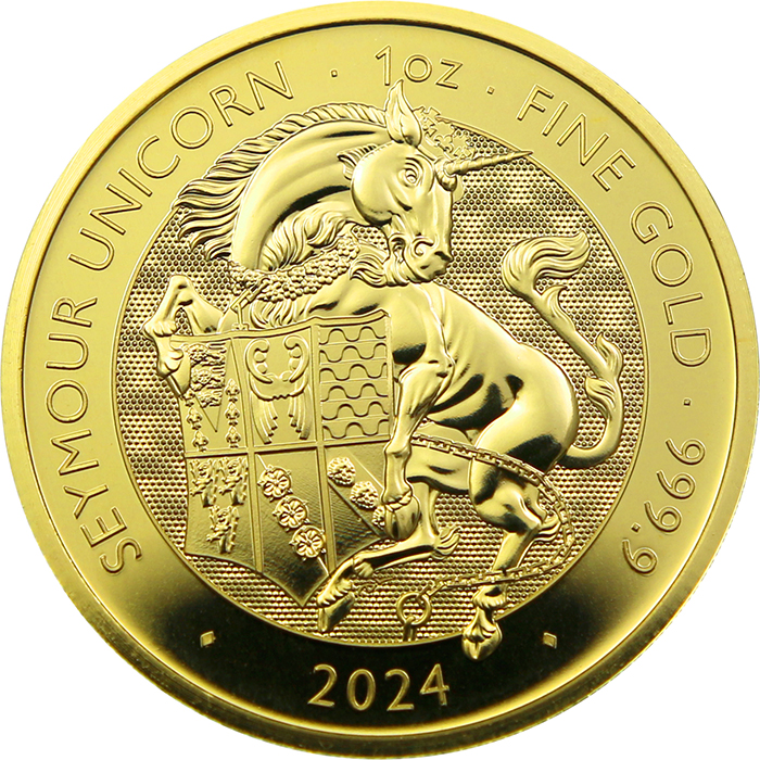 Přední strana Zlatá investičná minca The Royal Tudor Beasts - The Seymour Unicorn 1 Oz 2024