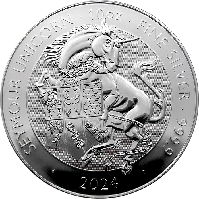 Přední strana Stříbrná investiční mince The Royal Tudor Beasts - The Seymour Unicorn 10 Oz 2024