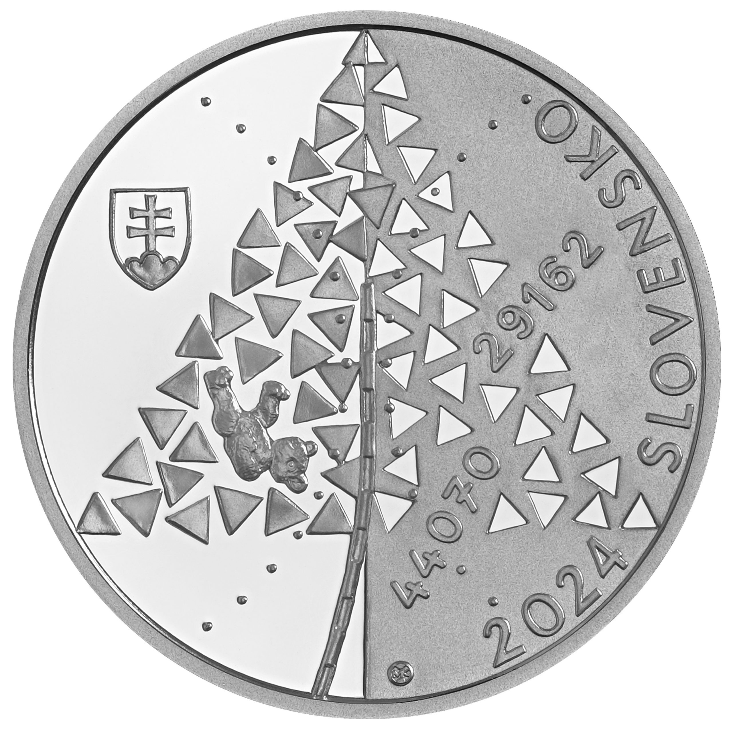 Zadní strana Stříbrná mince Podání Zprávy o vyhlazovacích táborech Auschwitz a Birkenau - 80. výročí 2024 Proof