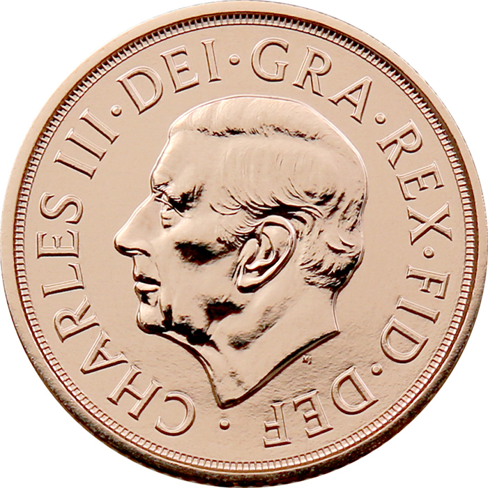 Zadní strana Zlatá investiční mince Sovereign Král Karel III. 