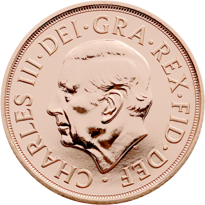 Zadní strana Zlatá investičná minca Sovereign Kráľ Karol III.
