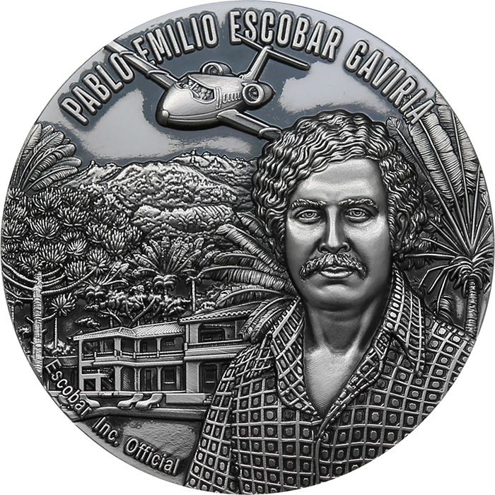 Přední strana Stříbrná medaile 2 Oz Pablo Escobar 2023 Antique Standard