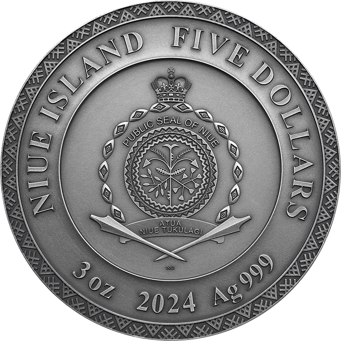 Zadní strana Stříbrná pozlacená mince Božské tváře Slunce - Dažbog 3 Oz 2024 Antique Standard