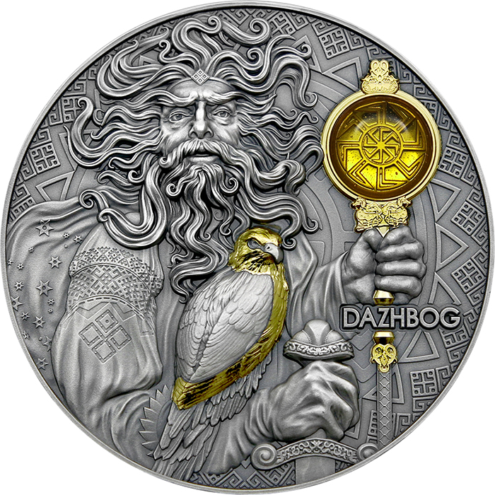 Přední strana Stříbrná pozlacená mince Božské tváře Slunce - Dažbog 3 Oz 2024 Antique Standard