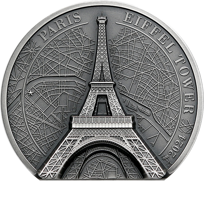 Přední strana Stříbrná mince 2 Oz Eiffelova věž Ultra High Relief 2024 Antique Standard