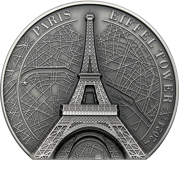 Přední strana Stříbrná mince 5 Oz Eiffelova věž Ultra High Relief 2024 Antique Standard