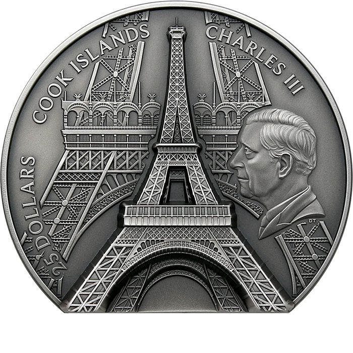 Zadní strana Stříbrná mince 5 Oz Eiffelova věž Ultra High Relief 2024 Antique Standard