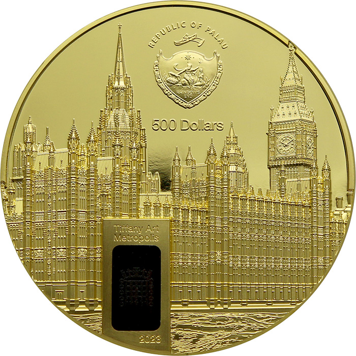 Zadní strana Zlatá mince Tiffany Art - Westminsterský palác 5 Oz 2023 Proof