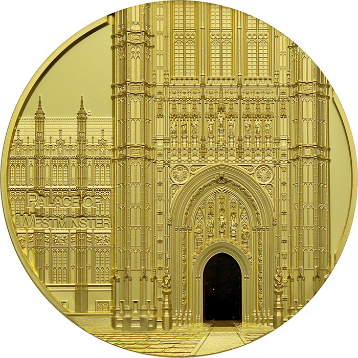 Přední strana Zlatá mince Tiffany Art - Westminsterský palác 5 Oz 2023 Proof