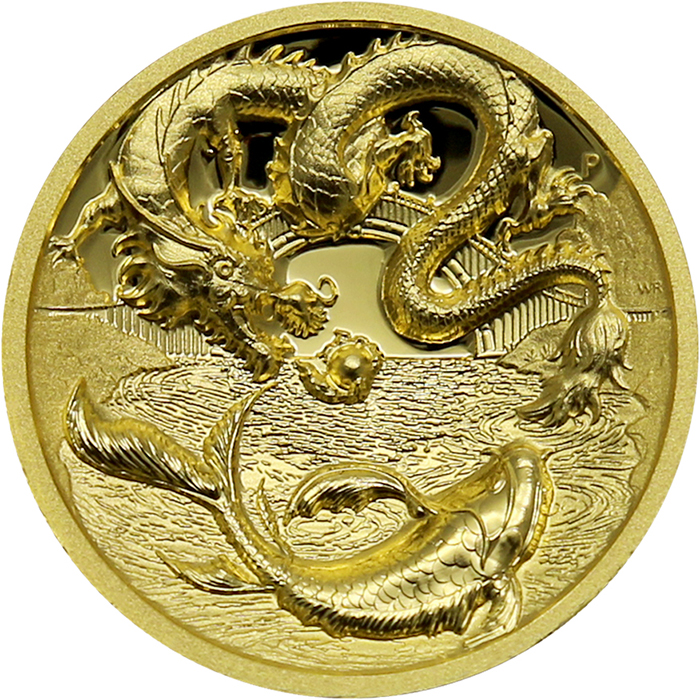 Přední strana Zlatá minca 1 Oz Drak a Koi High Relief 2023 Proof