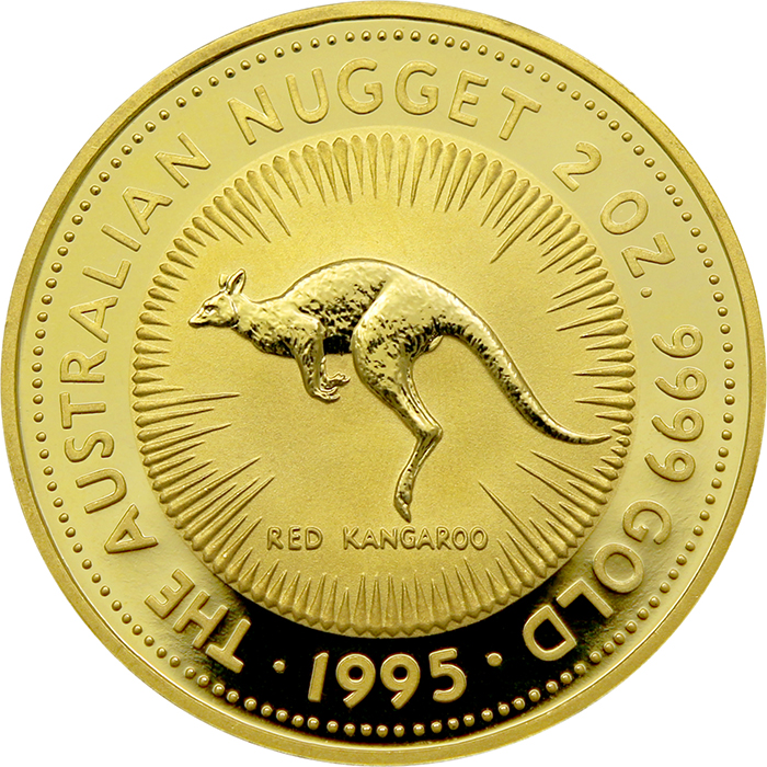 Přední strana Zlatá investiční mince The Australian Nugget 2 Oz 1995