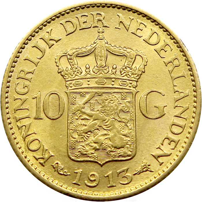 Přední strana Zlatá mince 10 Gulden Vilemína Nizozemská 1913