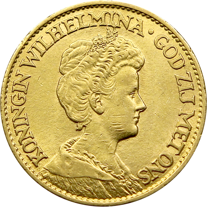 Zadní strana Zlatá minca 10 Gulden Vilemína Nizozemská 1913