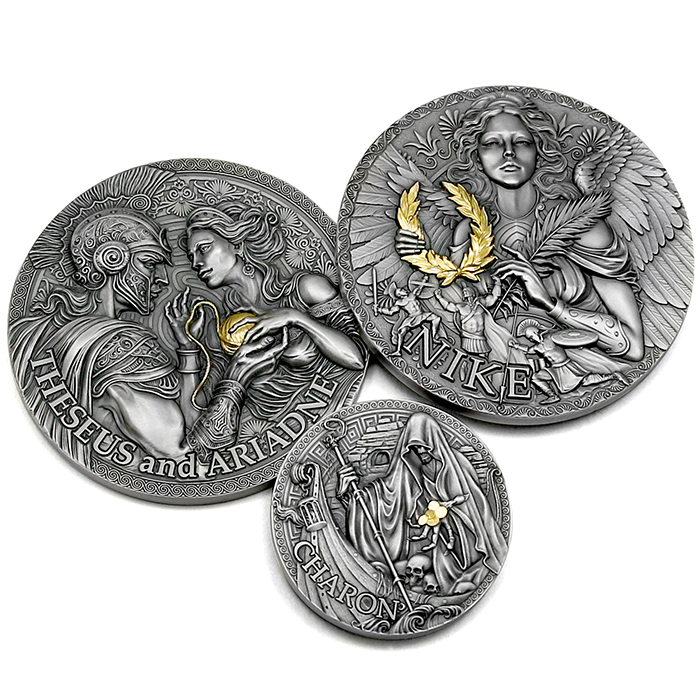 Přední strana Ediční set VI. stříbrných mincí série Velká řecká mytologie 2024 Antique Standard