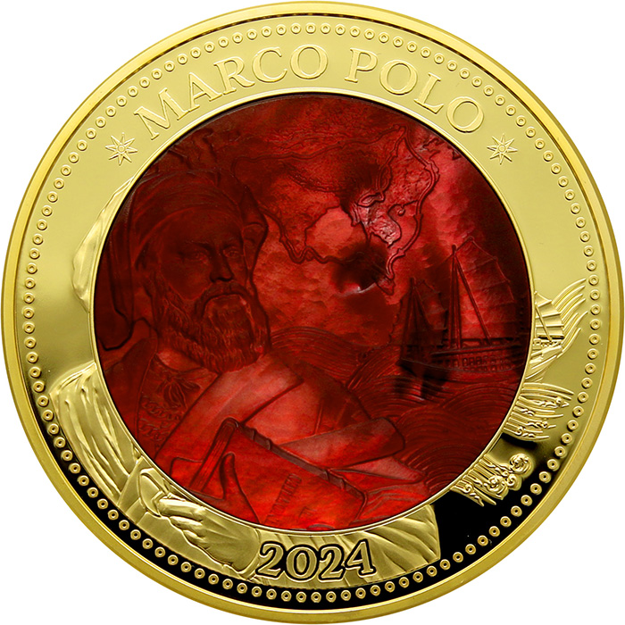 Přední strana Zlatá mince 5 Oz Marco Polo 2024 Perleť Proof