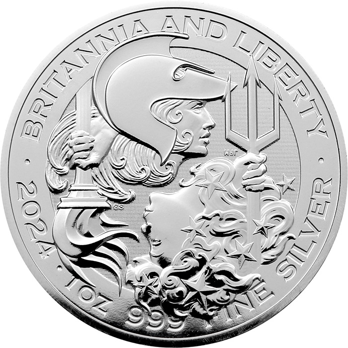 Přední strana Stříbrná investiční mince Britannia and Liberty 1 Oz 2024