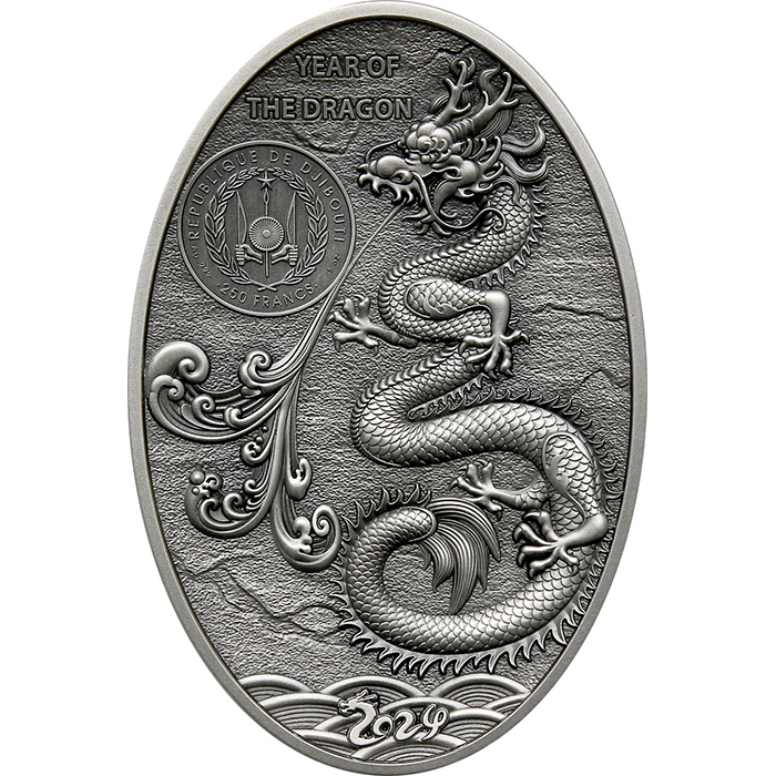 Zadní strana Strieborná minca 5 Oz Dračie vajce High Relief 2024 Antique Standard