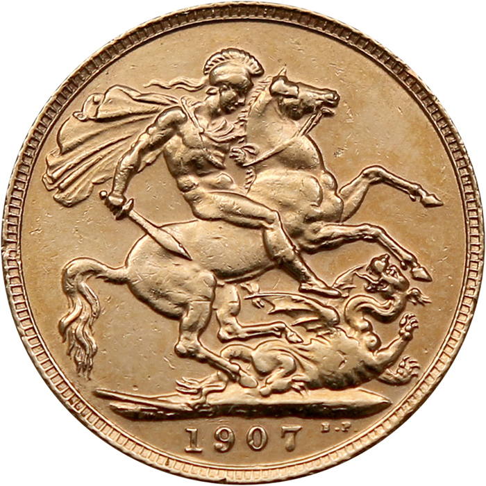 Přední strana Zlatý Sovereign Král Eduard VII. 1907