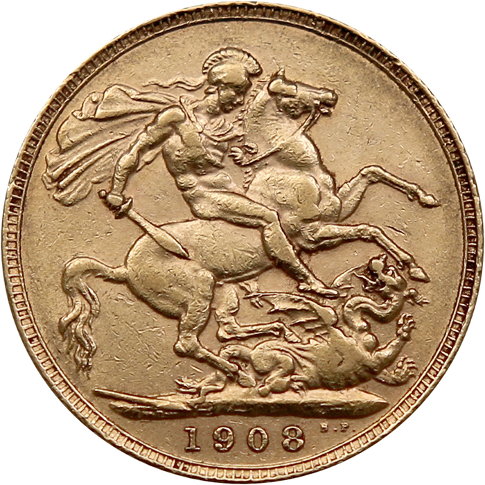 Přední strana Zlatý Sovereign Král Eduard VII. 1908