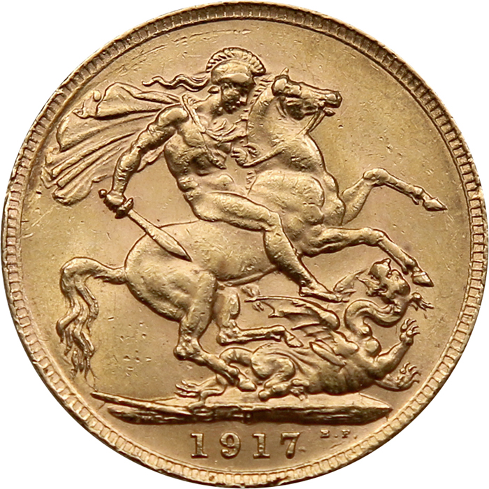 Přední strana Zlatý Sovereign Král Jiří V. 1917