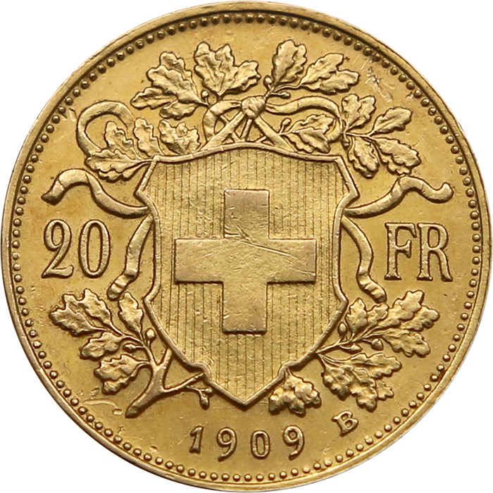 Přední strana Zlatá mince 20 Frank Helvetia - Vreneli 1909