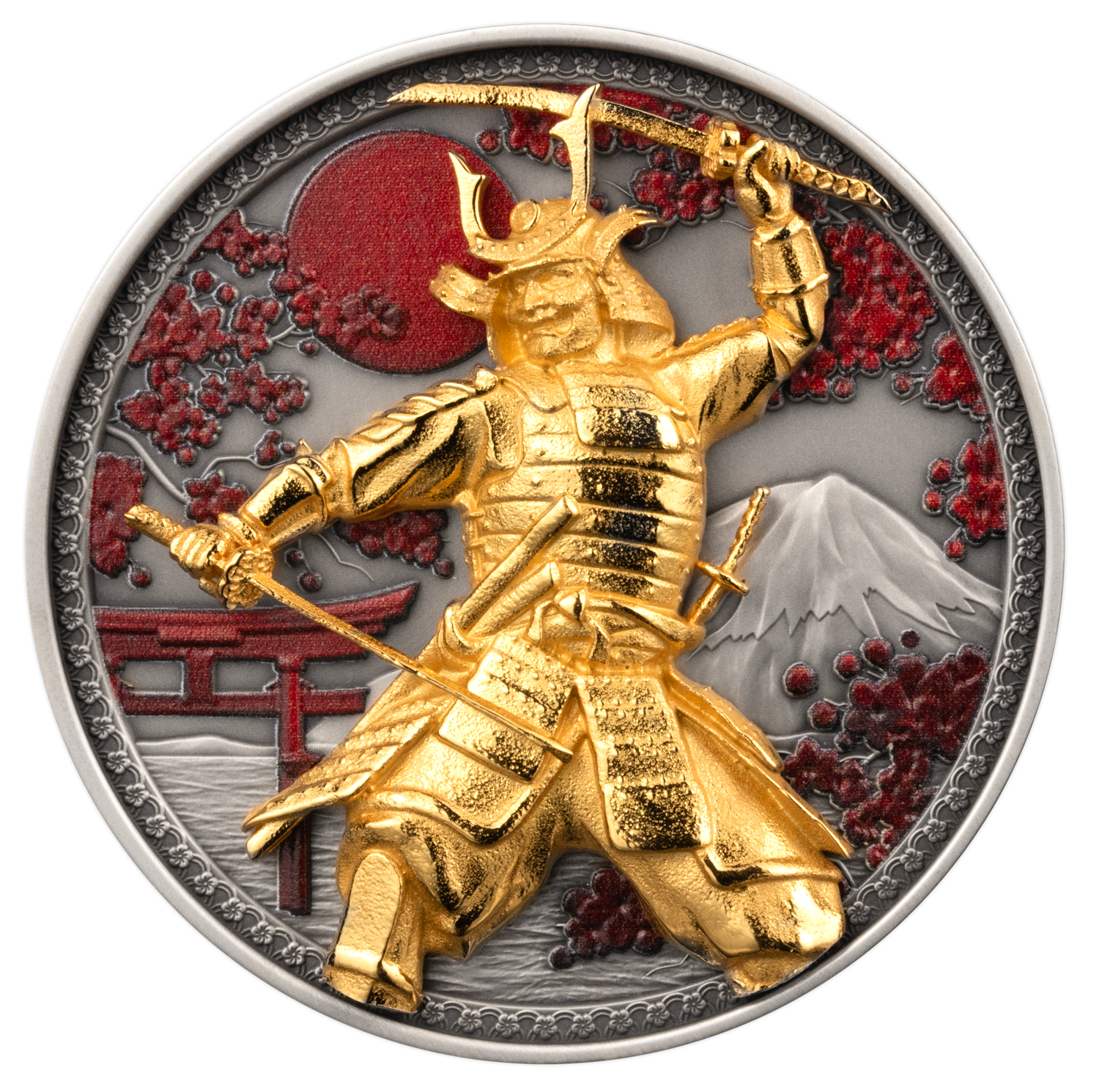 Přední strana Strieborná pozlátená minca 5 Oz Samurai 2024 Antique Standard