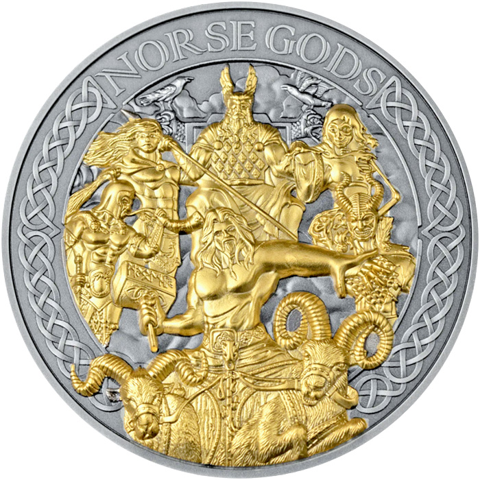 Přední strana Strieborná pozlátená minca Severskí bohovia - The Aesir 5 Oz High Relief 2024 Antique Standard