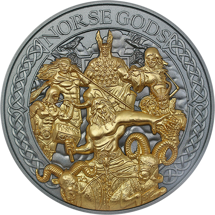 Přední strana Strieborná pozlátená minca Severskí bohovia - The Aesir 5 Oz High Relief 2024 Antique Standard