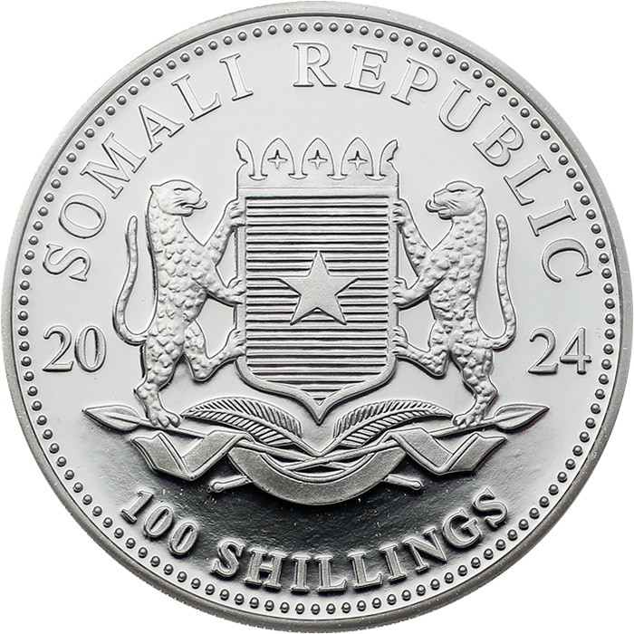 Zadní strana Stříbrná investiční mince Leopard Somálsko 1 Oz 2024