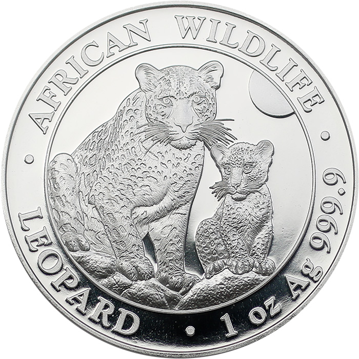 Přední strana Stříbrná investiční mince Leopard Somálsko 1 Oz 2024