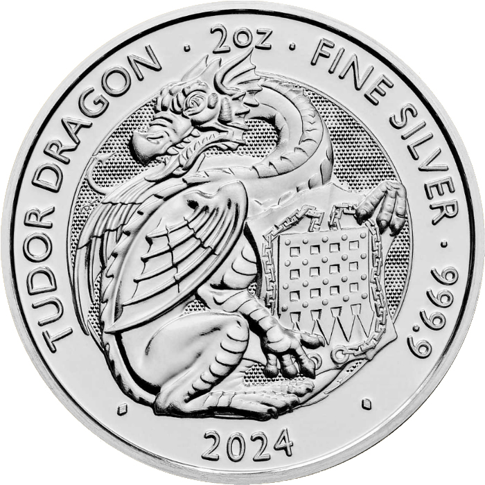 Přední strana Stříbrná investiční mince The Royal Tudor Beasts - The Tudor Dragon 2 Oz 2024