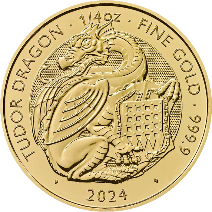 Přední strana Zlatá investiční mince The Royal Tudor Beasts - The Tudor Dragon 1/4 Oz 2024