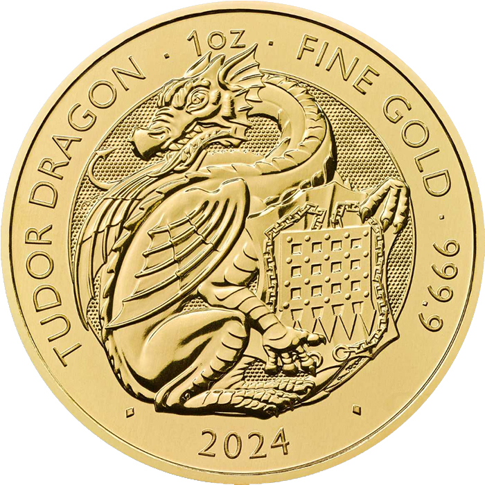 Přední strana Zlatá investiční mince The Royal Tudor Beasts - The Tudor Dragon 1 Oz 2024