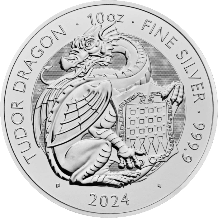 Přední strana Stříbrná investiční mince The Royal Tudor Beasts - The Tudor Dragon 10 Oz 2024