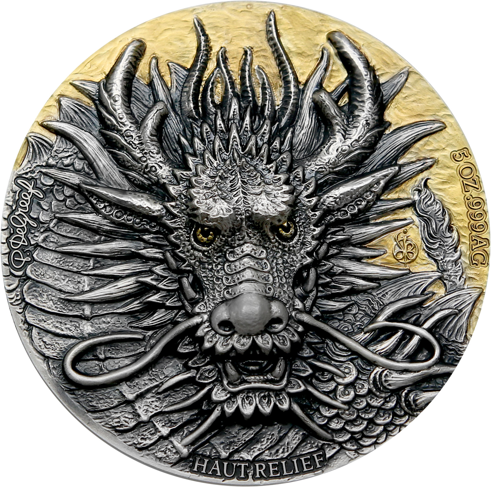 Přední strana Exkluzívna sada strieborných mincí Dragon High Relief 2024 Antique Standard