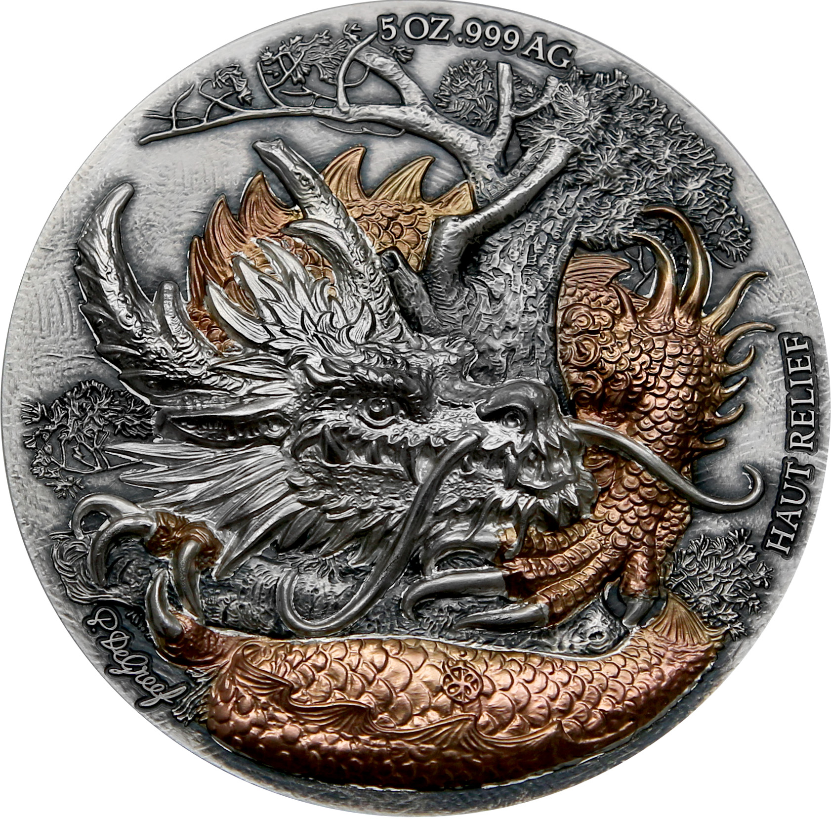 Zadní strana Exkluzívna sada strieborných mincí Dragon High Relief 2024 Antique Standard