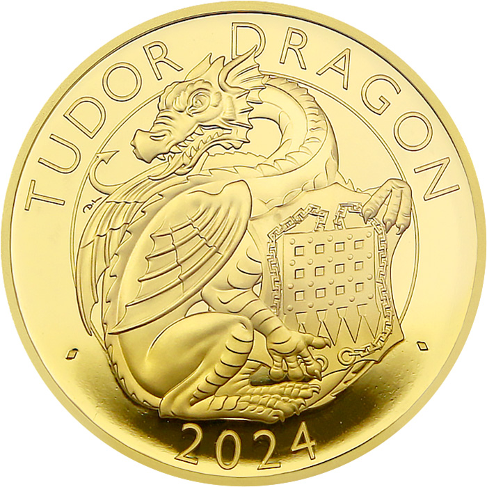 Přední strana Zlatá minca The Tudor Dragon 1 Oz 2024 Proof