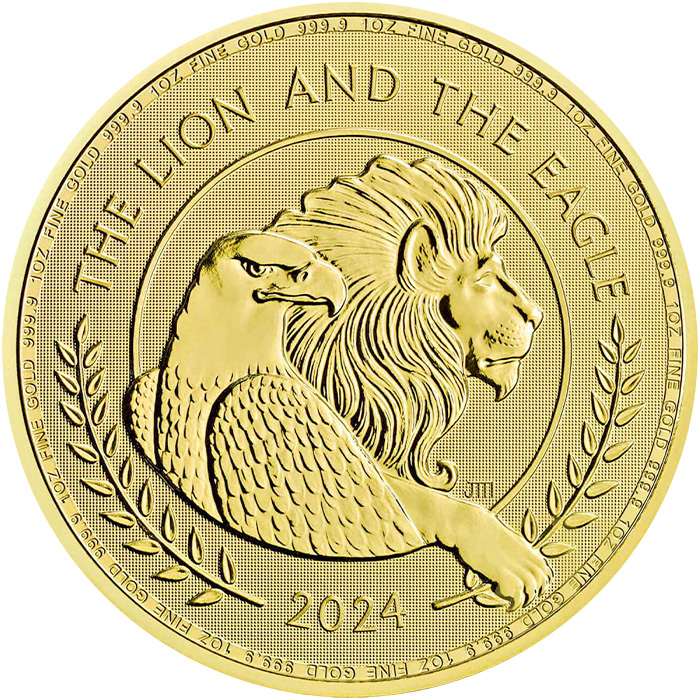 Přední strana Zlatá investiční mince British Lion and American Eagle 1 Oz 2024