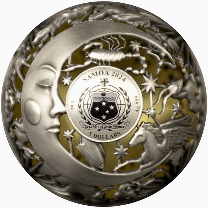 Zadní strana Stříbrná pozlacená mince Slunce a Měsíc 2 Oz 2024 Antique Standard