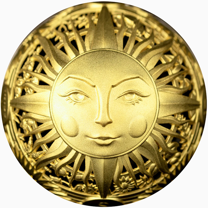 Přední strana Stříbrná pozlacená mince Slunce a Měsíc 2 Oz 2024 Antique Standard