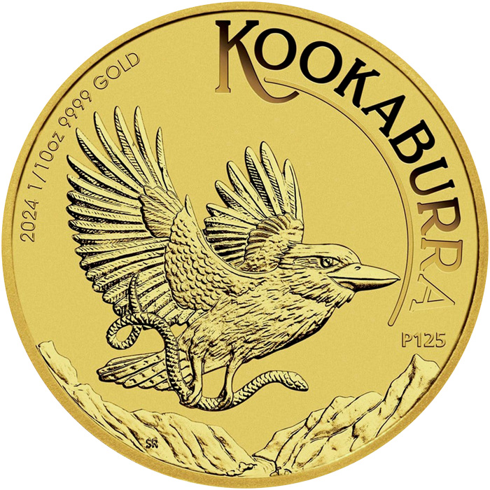 Přední strana Zlatá investiční mince Kookaburra Ledňáček 1/10 Oz 2024