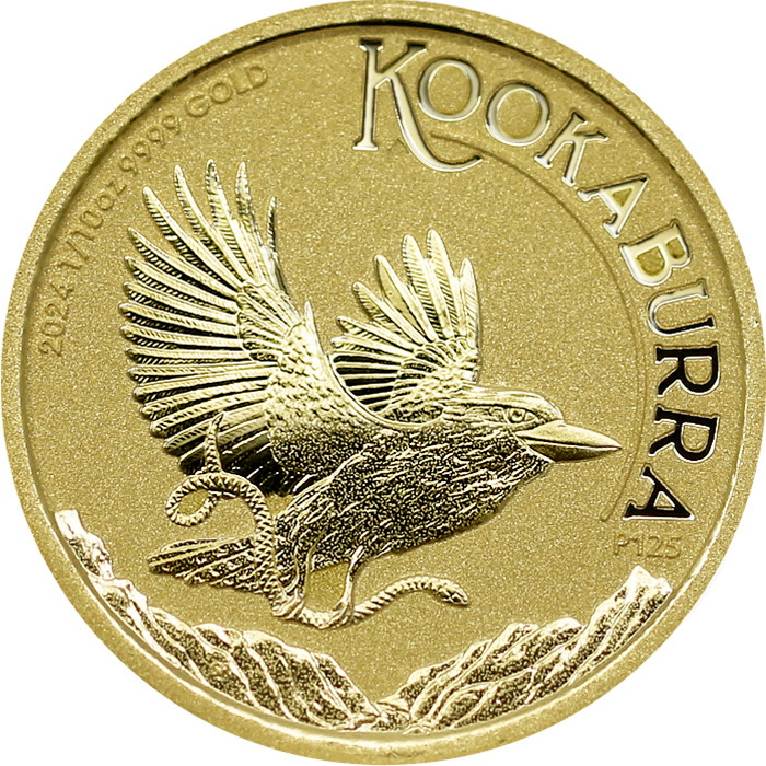 Přední strana Zlatá investiční mince Kookaburra Ledňáček 1/10 Oz 2024
