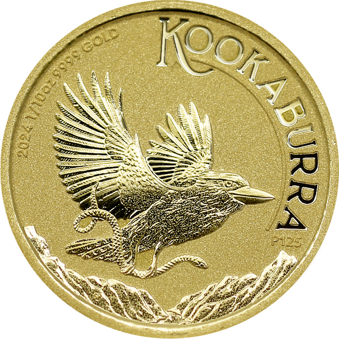 Přední strana Zlatá investičná minca Kookaburra Rybárik 1/10 Oz 2024